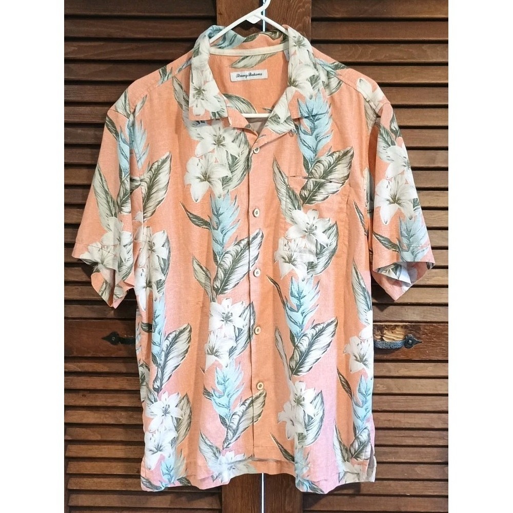 Tommy Bahama‎ Men's Large Floral Hawaiian Short Sleeve Button Shirt Coral Pocket